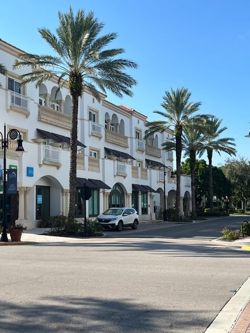 Scenic street with palm trees and historic architecture in Naples, Florida
