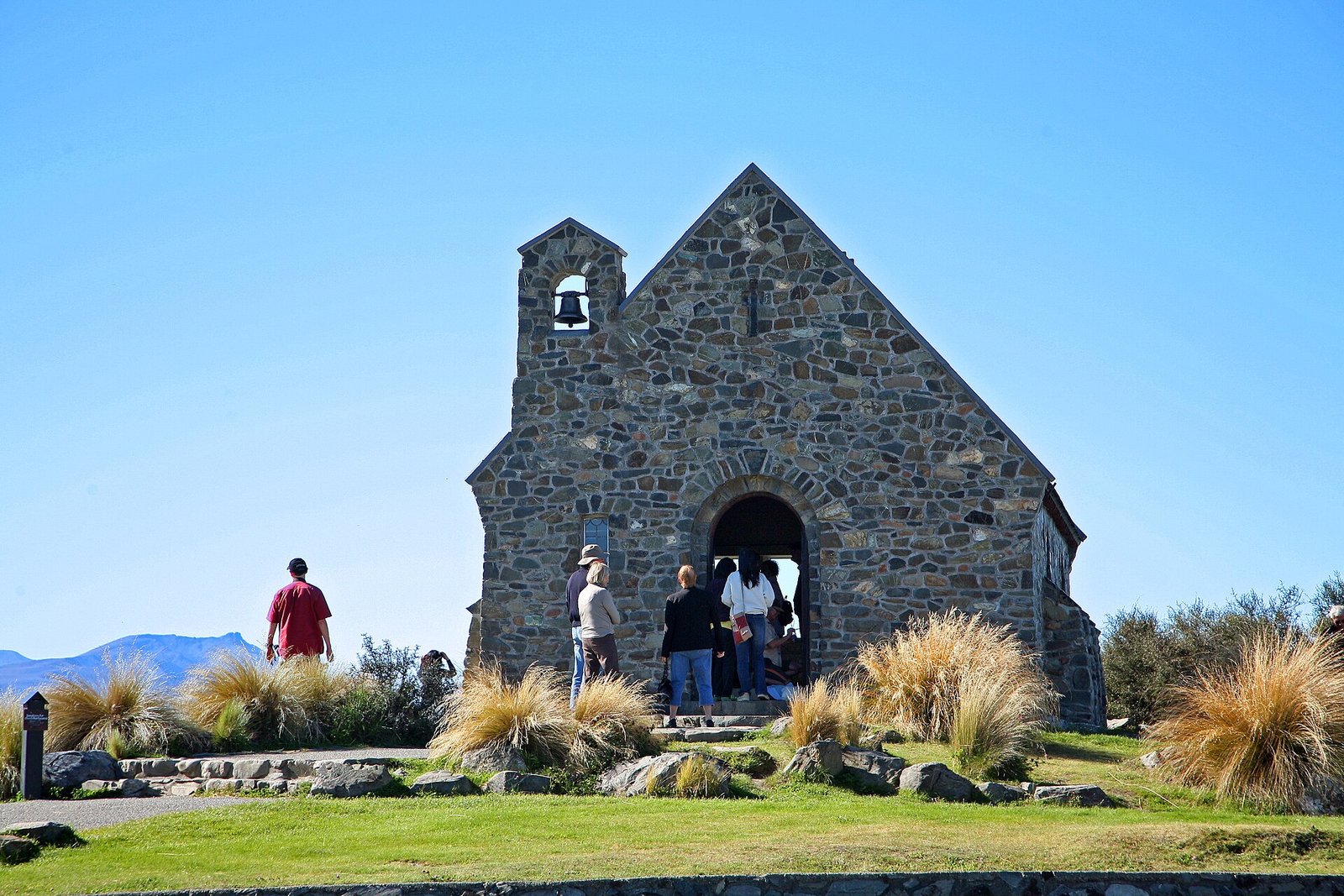 The Church of the Good Shepherd on the shore of Lake Tekapo with mountains in the background, New Zealand
