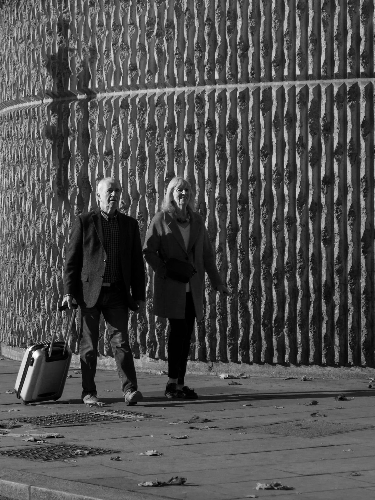 Senior couple walking with a suitcase on a city street
